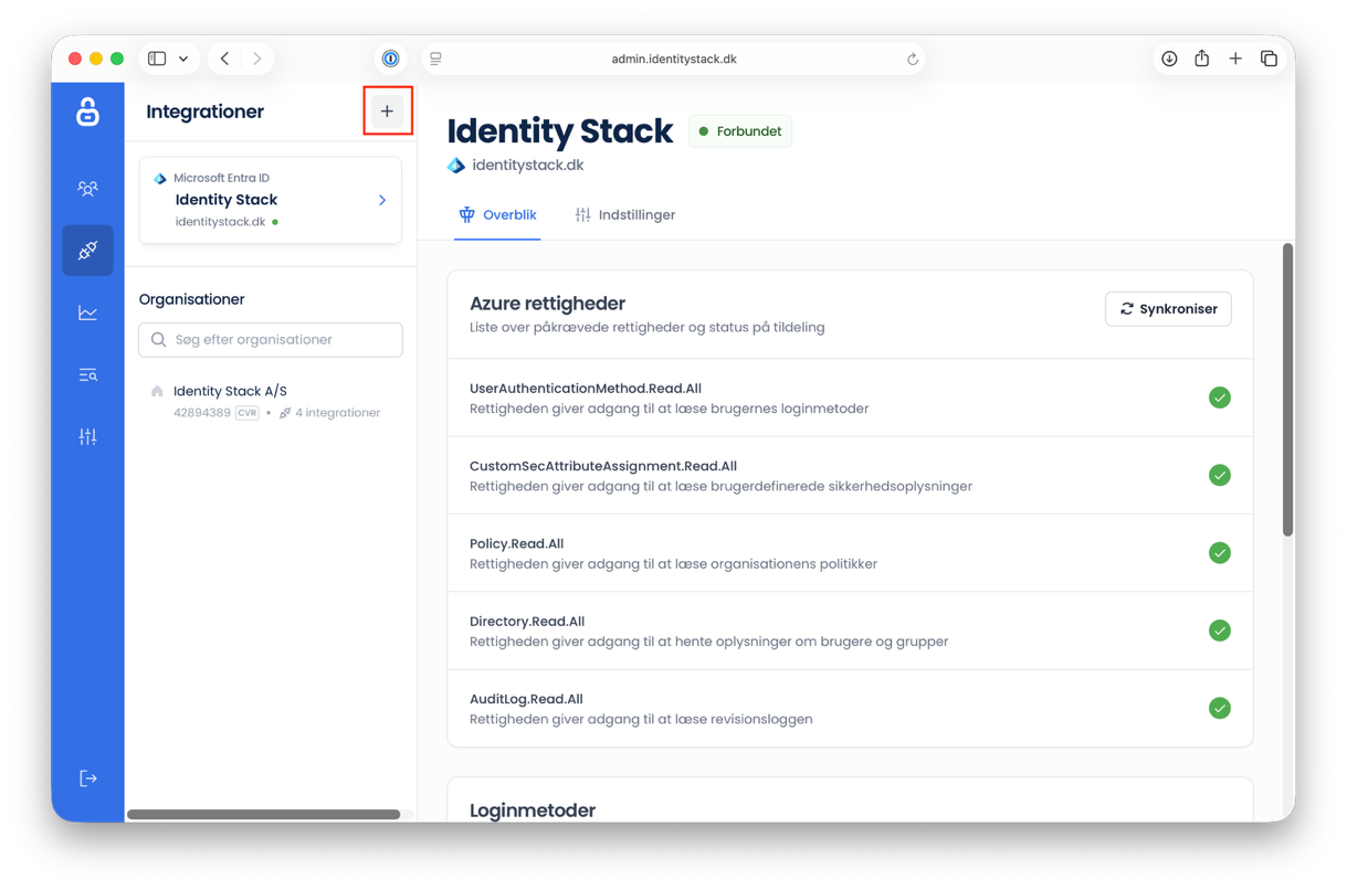 The plus icon adjacent to Integrationer in the Identity Stack admin portal