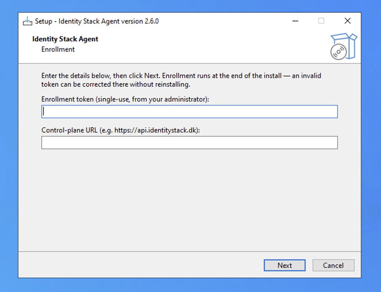 The Enrollment page in the setup wizard