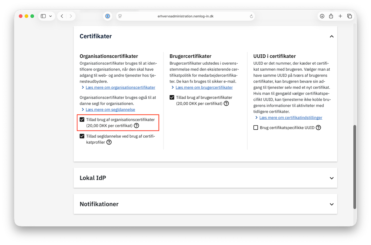 The setting Tillad brug af organisationscertifikater is enabled