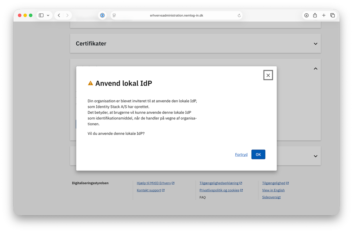 The Anvend lokal IdP confirmation dialog
