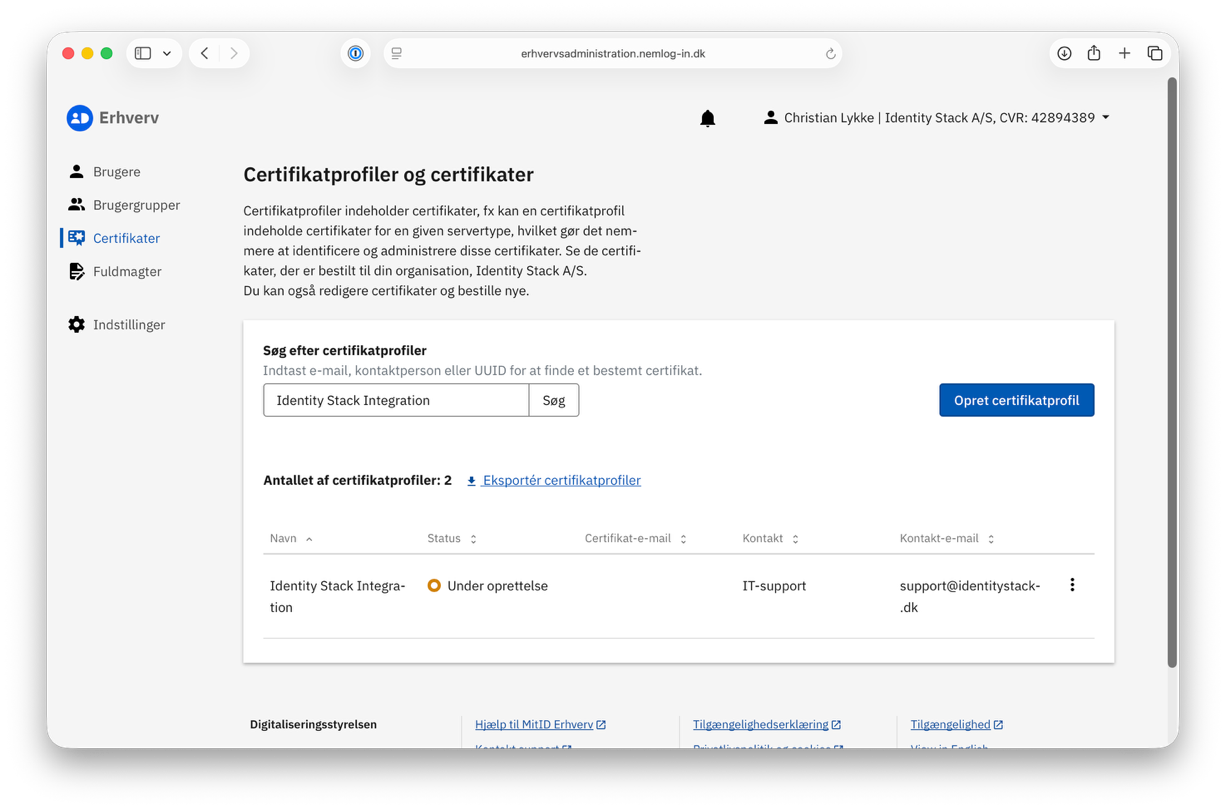 The certificate profile list with the new profile with the status Under oprettelse