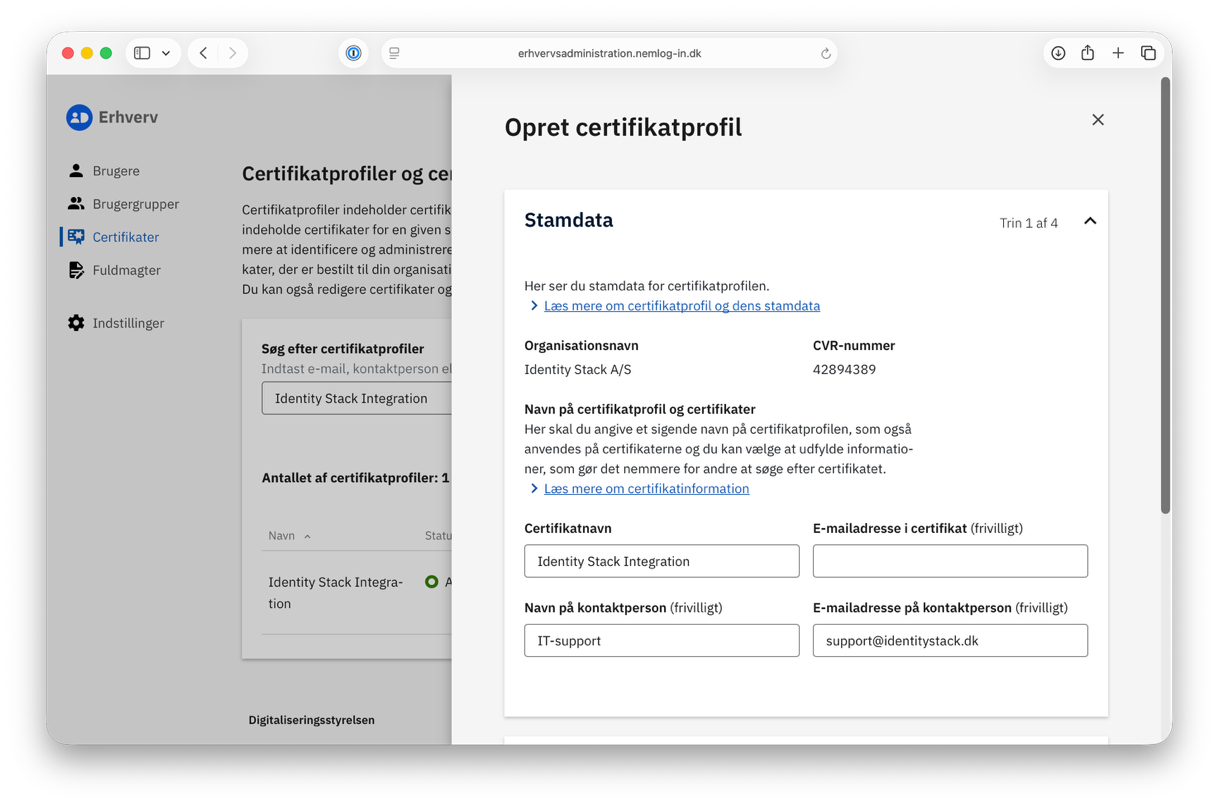The Stamdata step of Opret certifikatprofil
