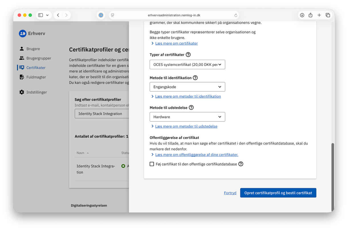 The certificate type, identification method and issue method options
