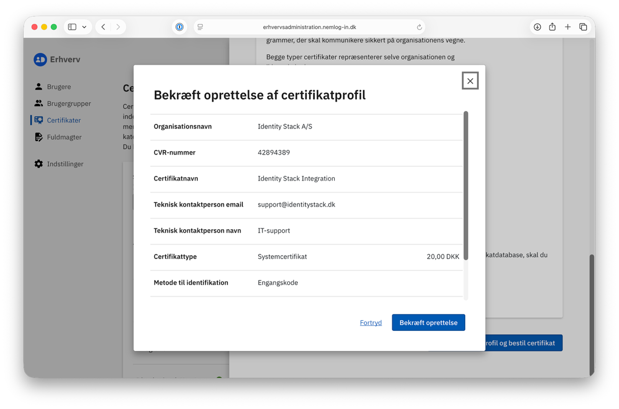 The Bekræft oprettelse af certifikatprofil dialog