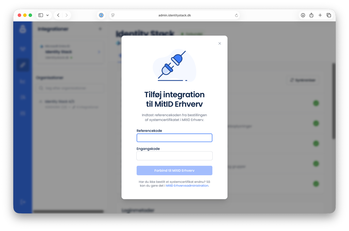 The Tilføj integration til MitID Erhverv dialog