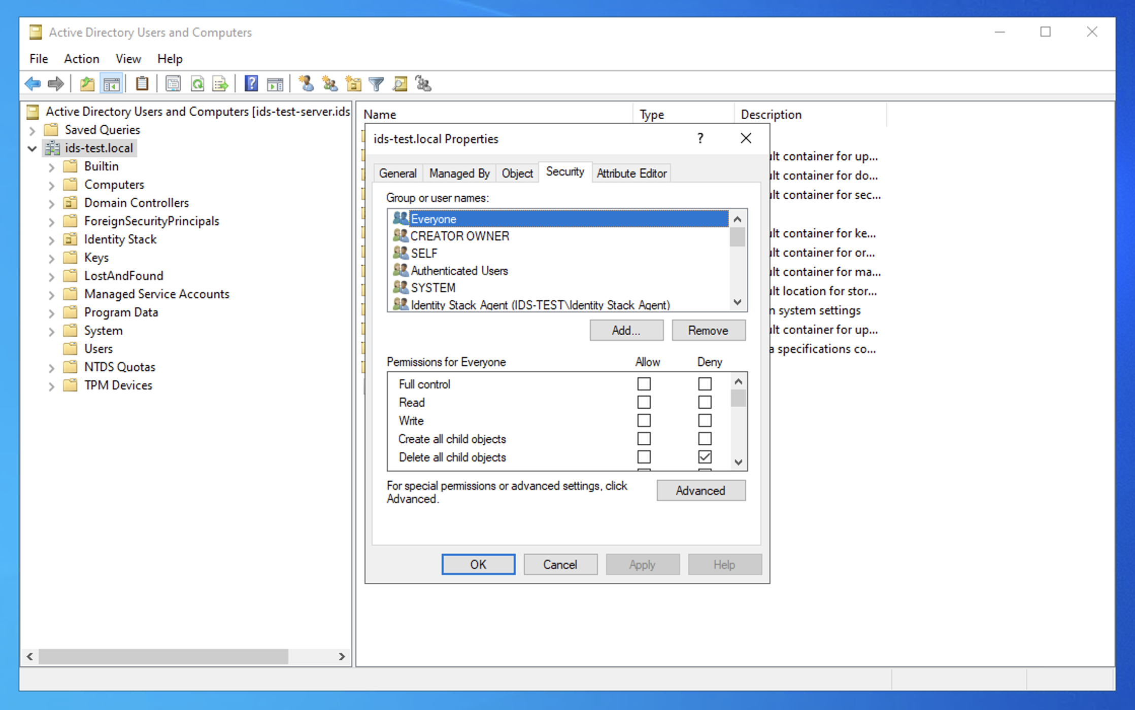 The Security tab on the domain root