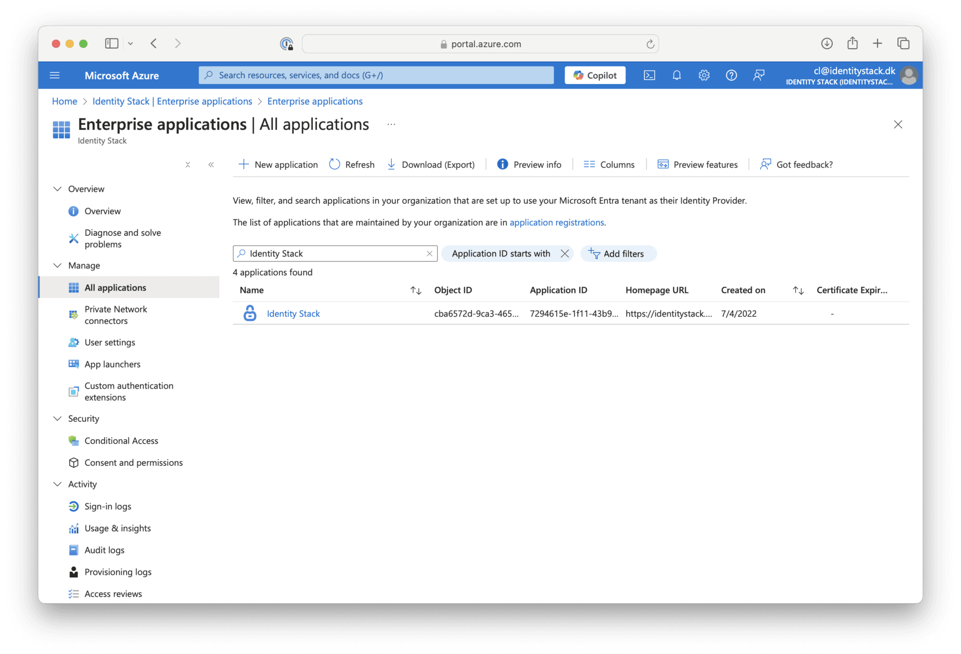 Identity Stack under Enterprise Applications
