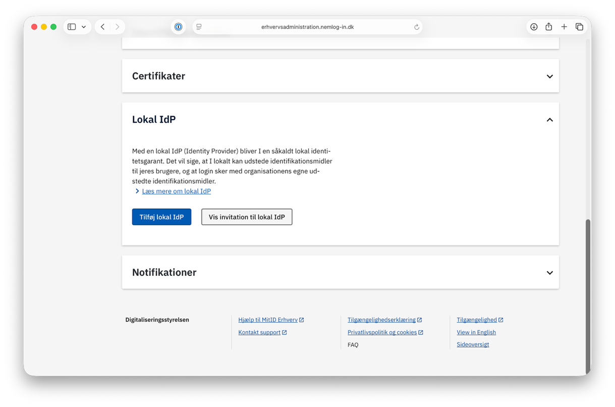 The Lokal IdP pane with the button Vis invitation til lokal IdP