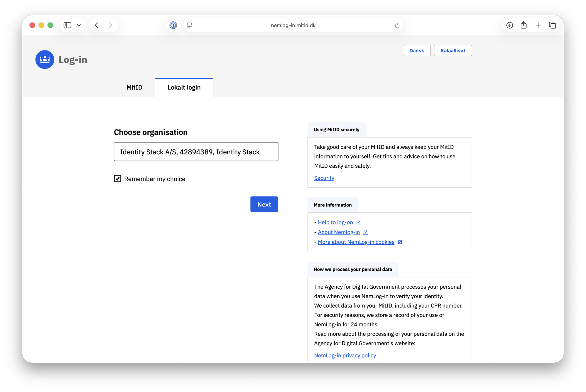 Choose organisation under Lokalt login