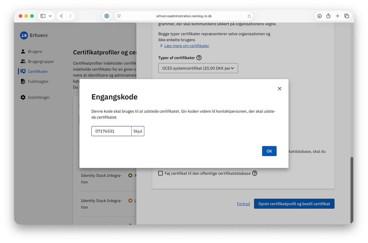 The Engangskode dialog with the one-time code