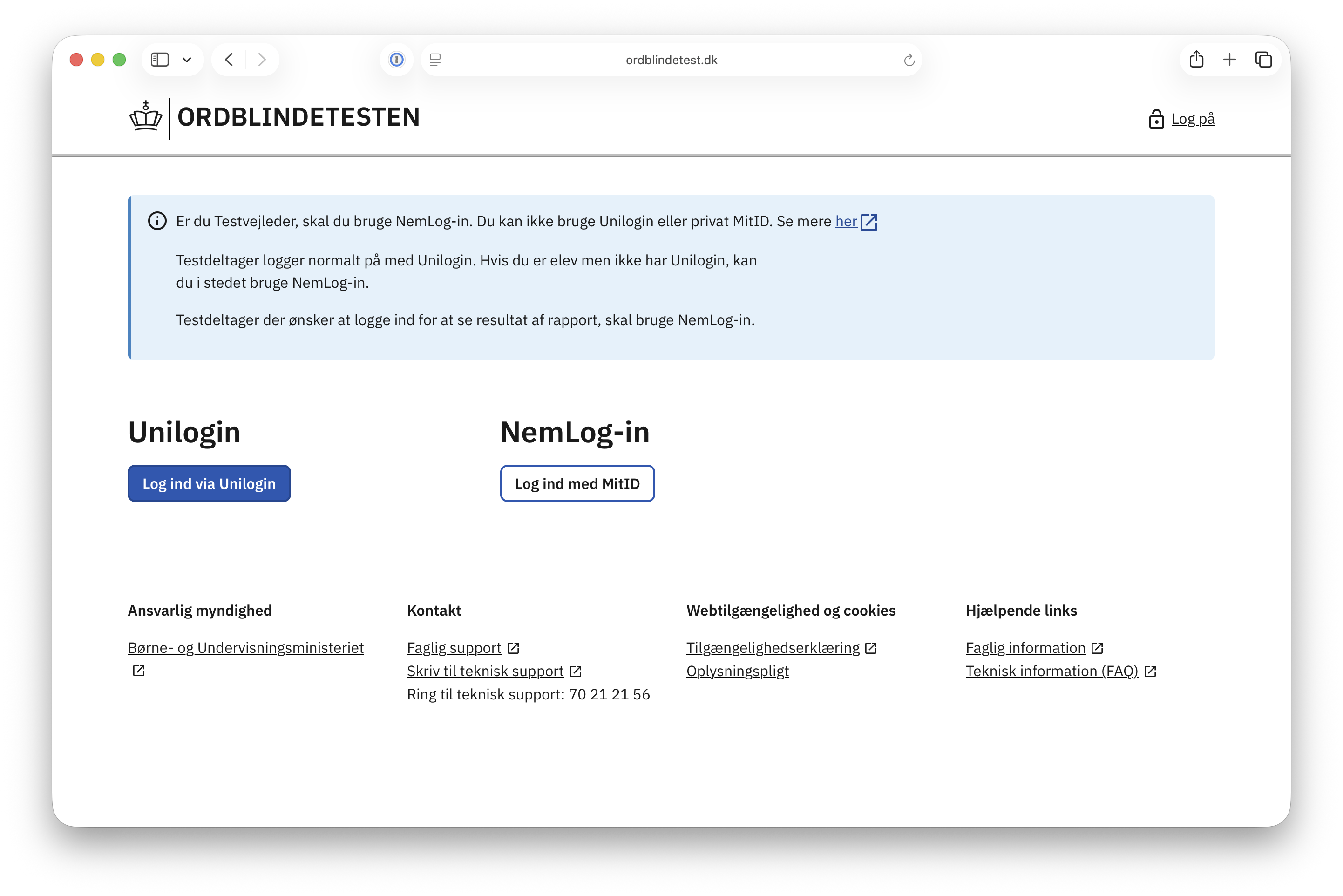 Log in via Unilogin at ordblindetest.dk