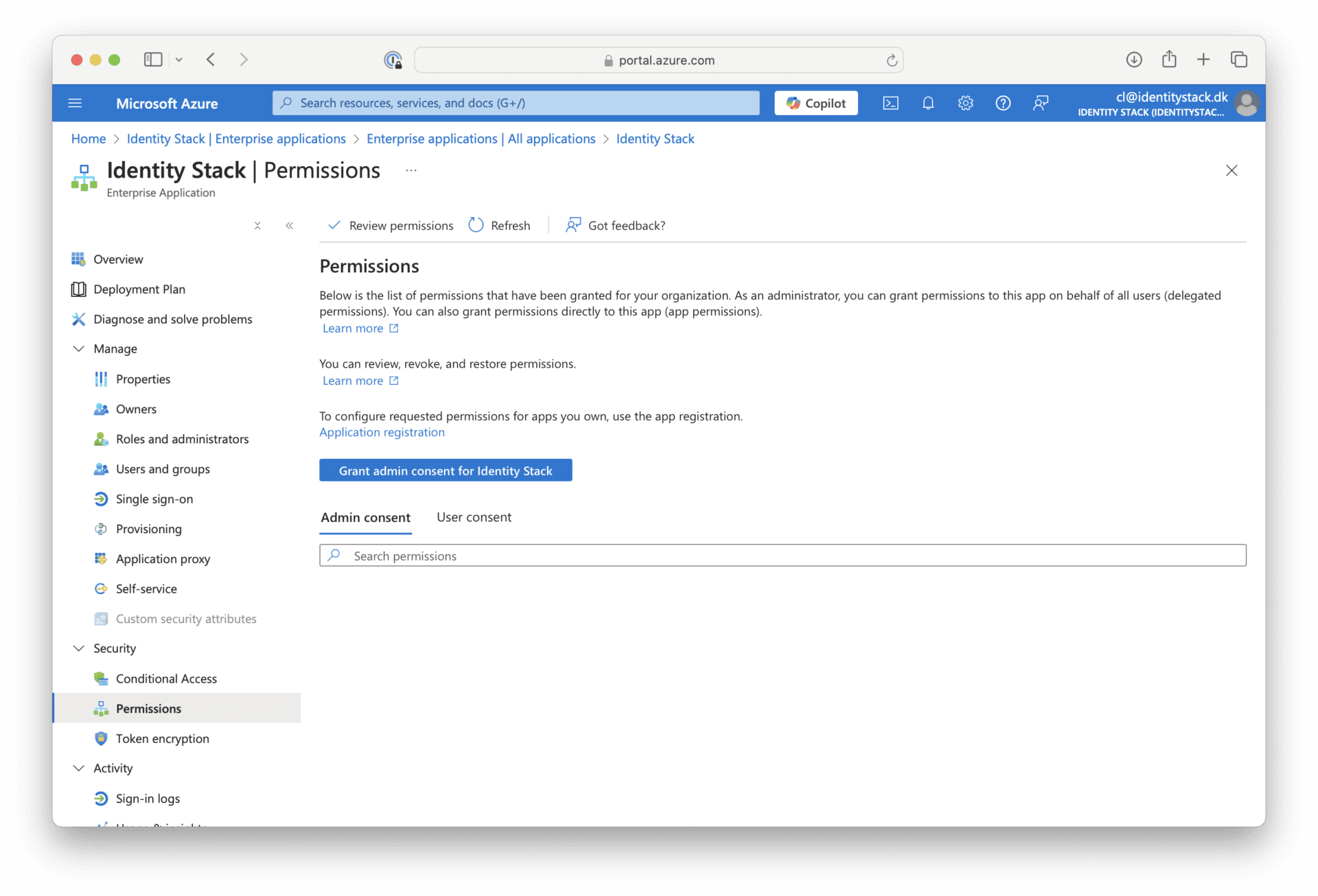 Grant admin consent on the Permissions page