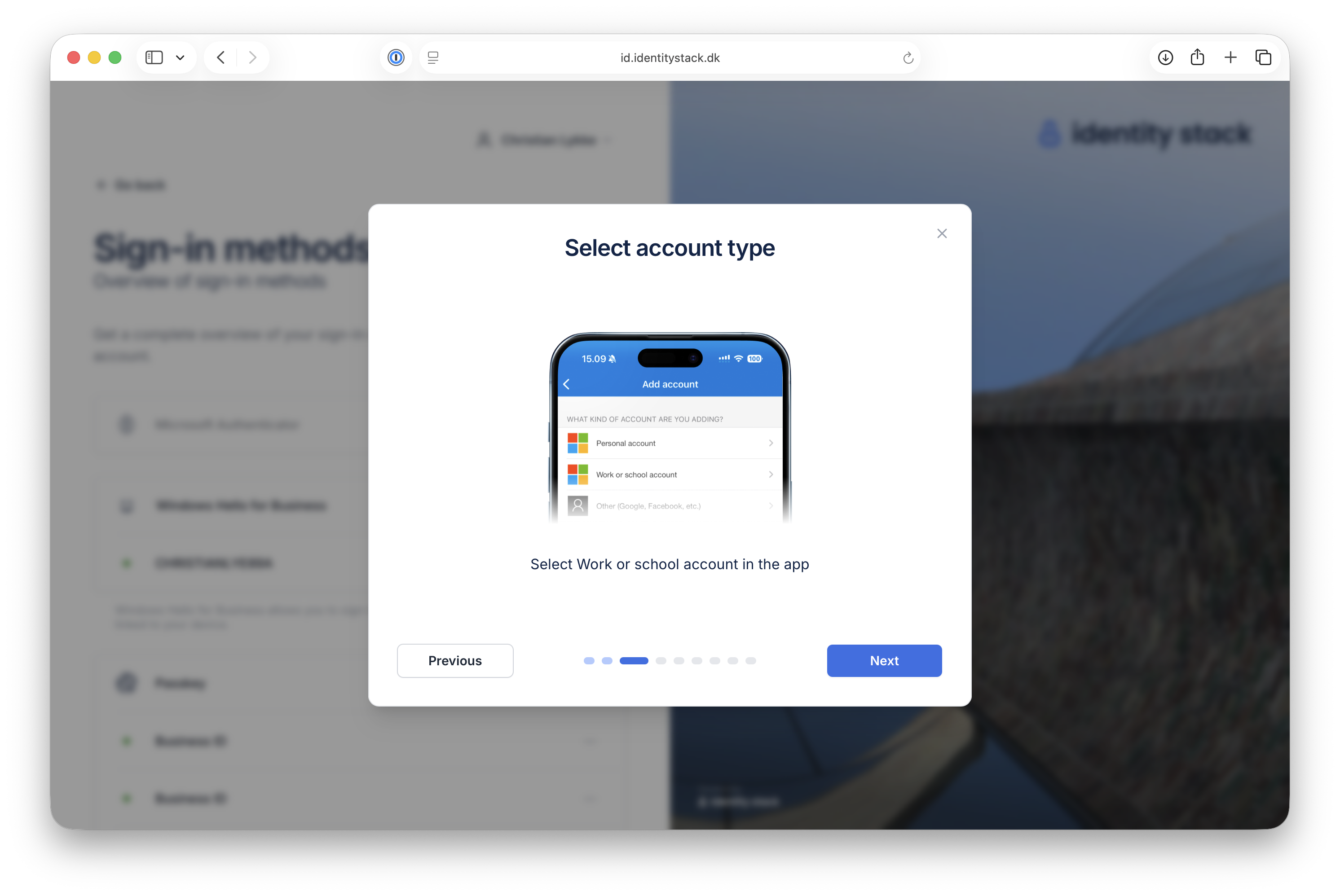 Select Work or school account in the app