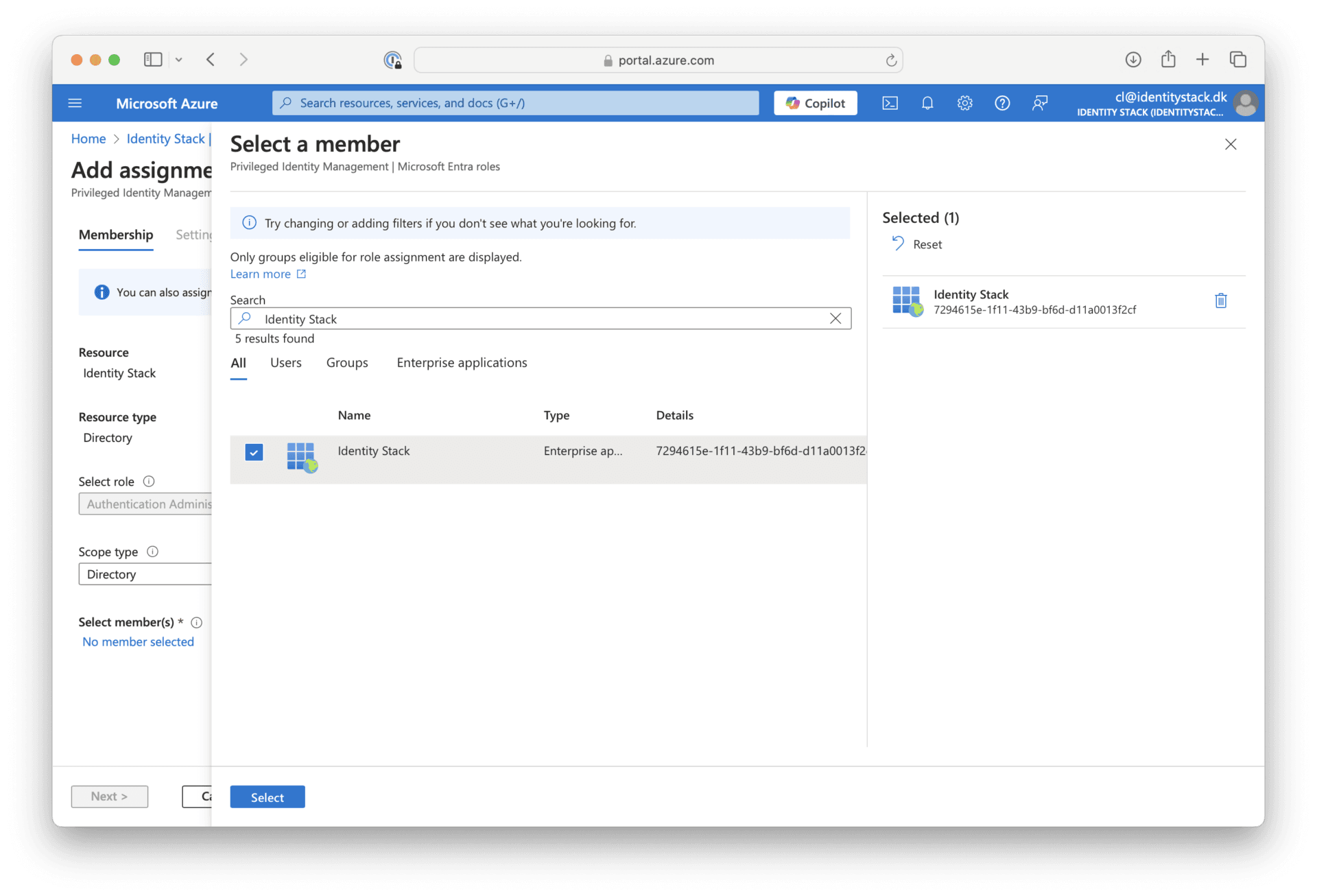 Select the Identity Stack application