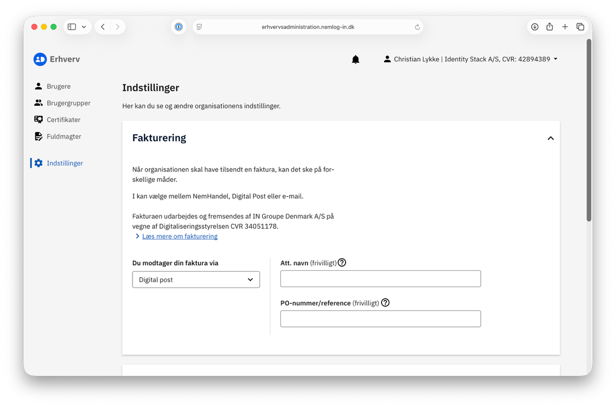The Indstillinger page in MitID Erhvervsadministration