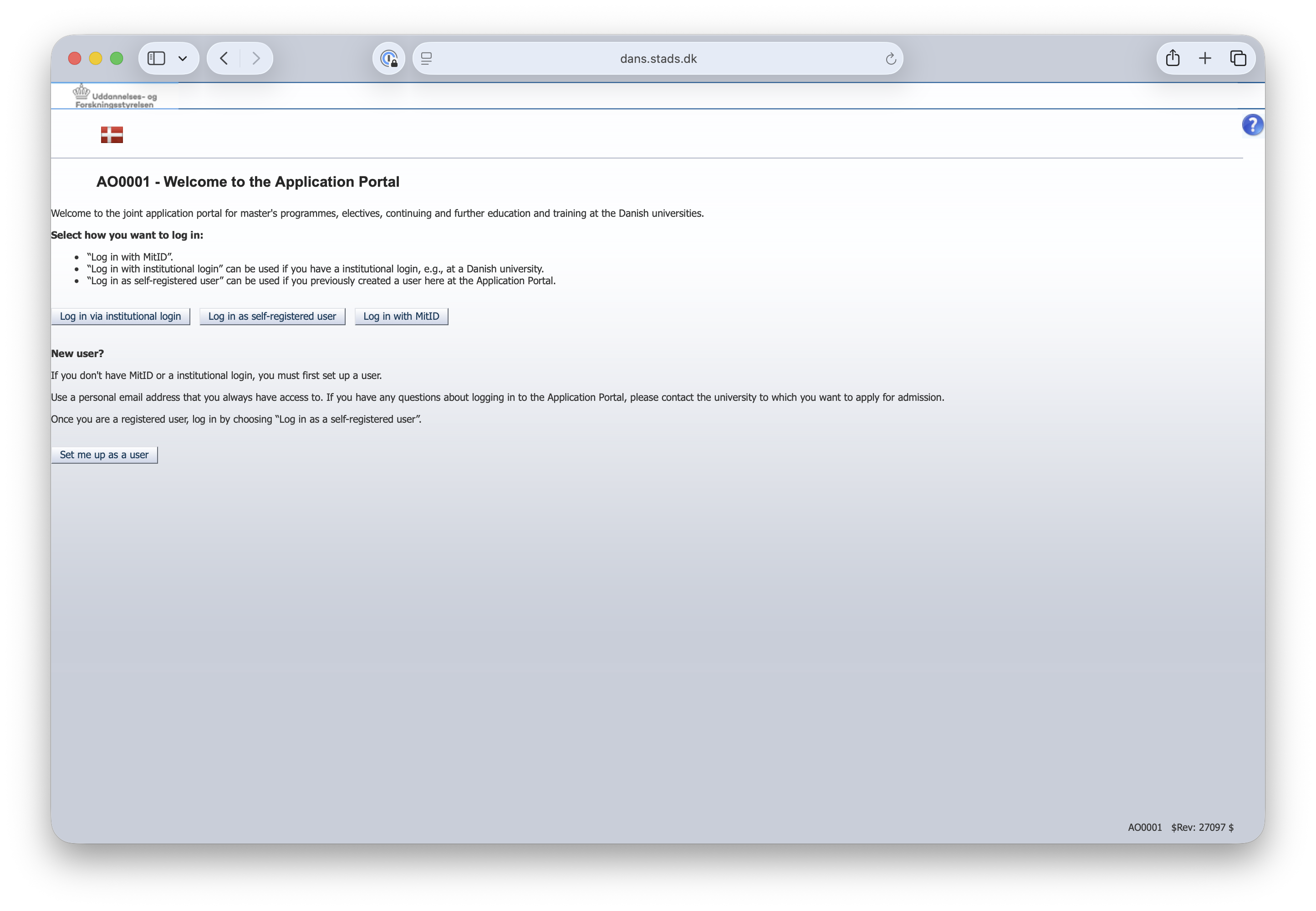 Log in via institutional login at the Application Portal