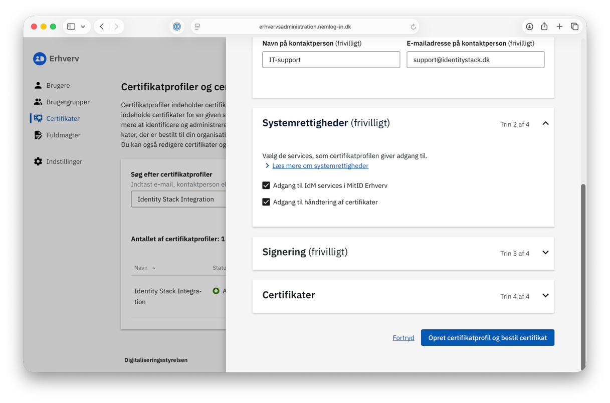 The Systemrettigheder step with the two services enabled