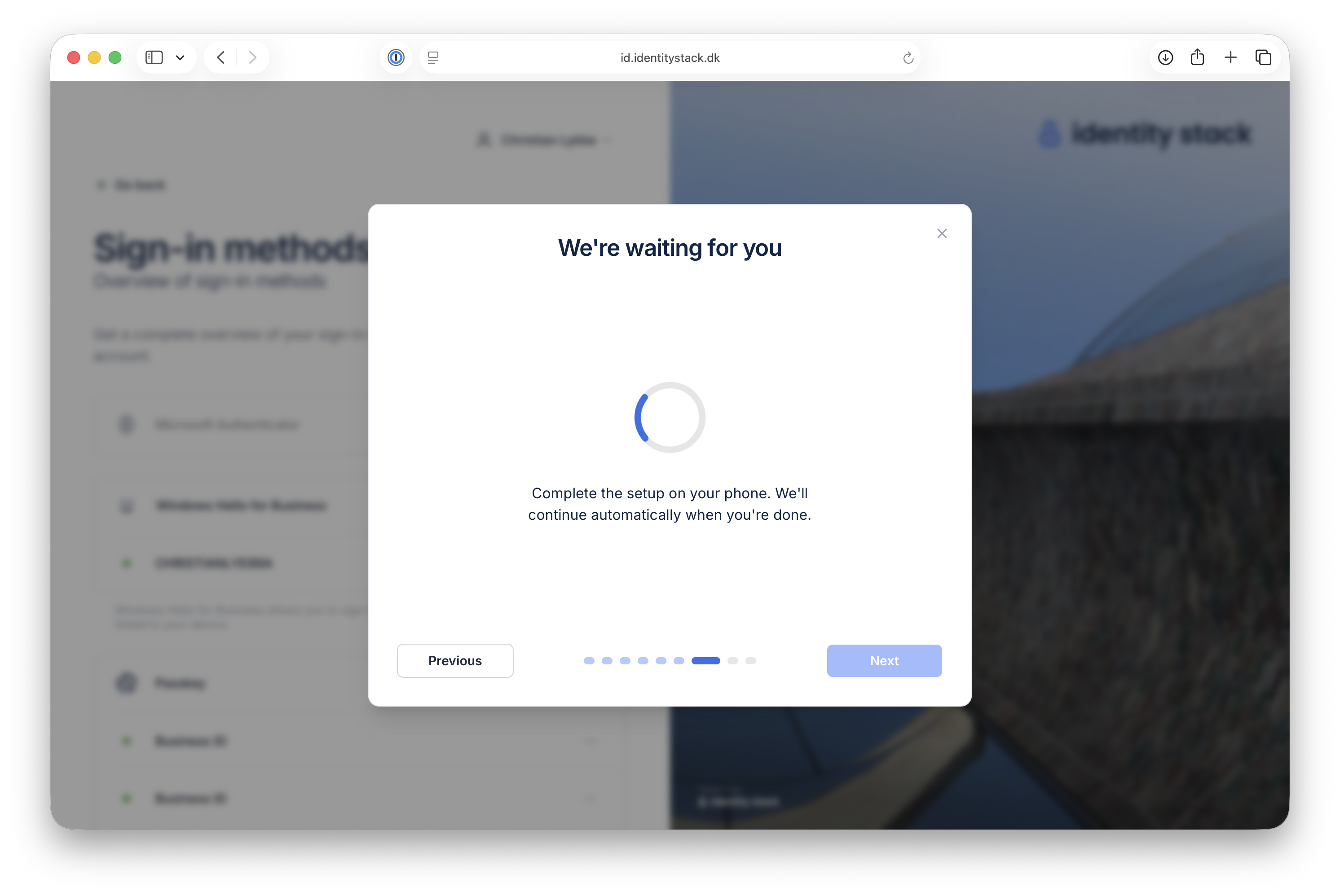 BusinessID waits while you complete the setup