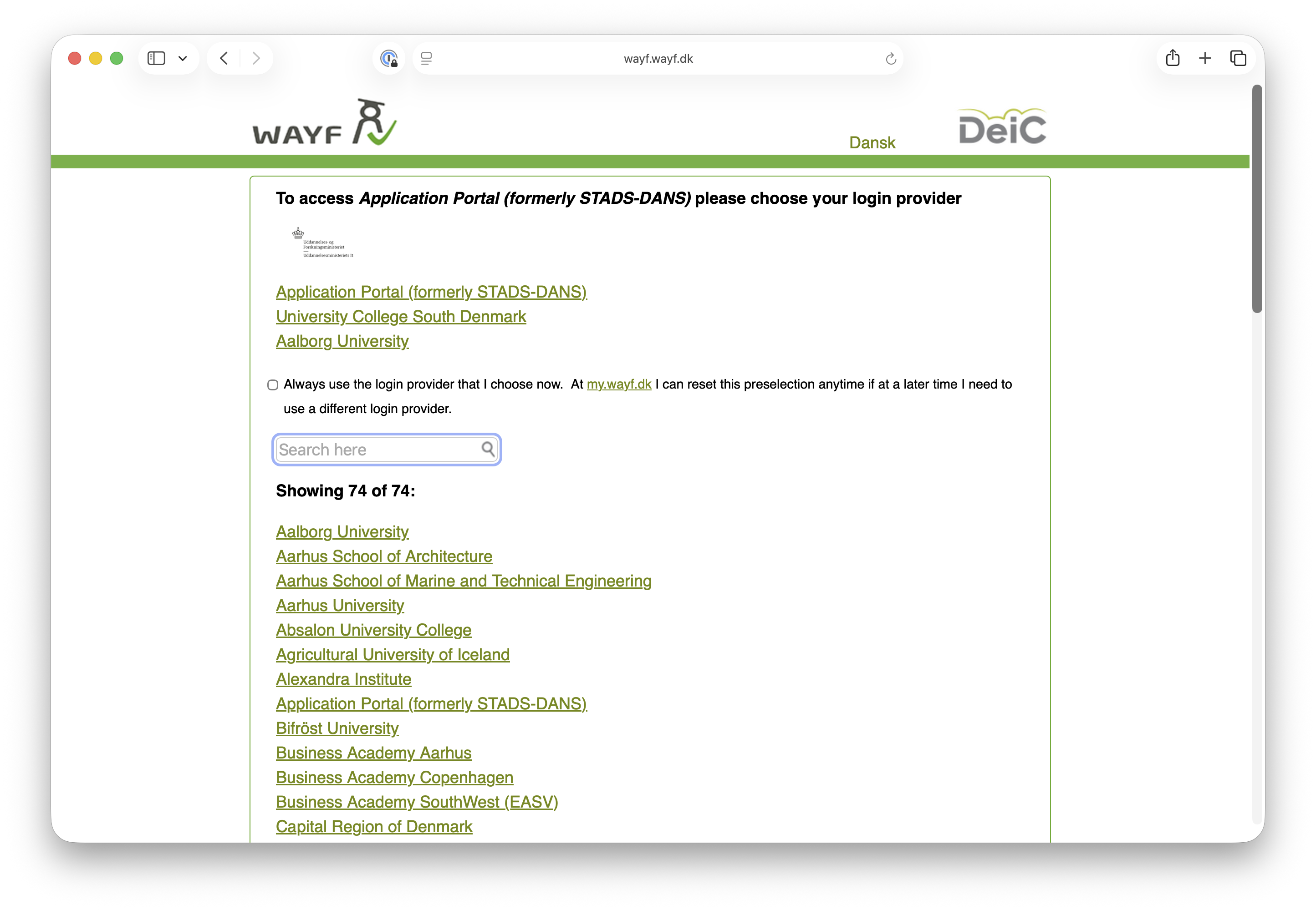Select your organisation in the WAYF login provider selector